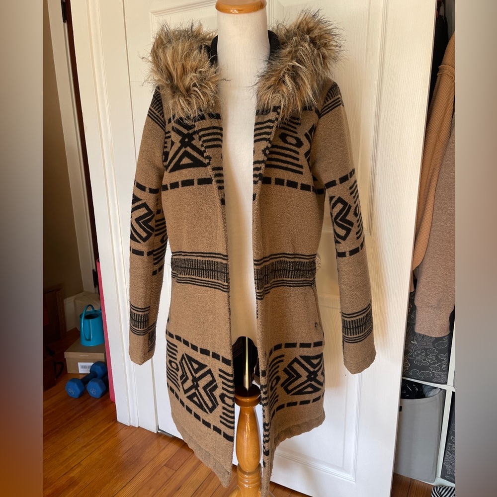 BB Dakota Tan and Black Hooded Aztec Knit Coatigan with Faux Fur Trim